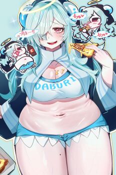 1girl absurdres arinomi artist_request blue_background blue_hair blue_shorts blush breasts chibi cleavage coif crop_top doubliel eating food food_on_body food_on_breasts food_on_face habit hair_over_one_eye halo heart heart-shaped_pupils highres holding holding_food holding_pizza horns japanese_text large_breasts long_hair mahjong_fight_girl mole mole_on_thigh navel nun one_eye_covered open_clothes open_mouth open_robe pink_eyes pizza pizza_slice plump robe shirt short_shorts shorts sitting solo sparkle sweat symbol-shaped_pupils thick_thighs thighs white_shirt wimple