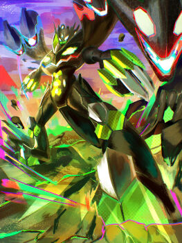 claws commentary debris empty_eyes english_commentary euphythefox full_body gen_6_pokemon highres legendary_pokemon nintendo pokemon pokemon_(creature) pokemon_focus signature solo standing zygarde zygarde_(complete)