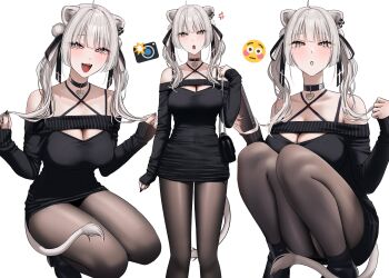 1girl :d ahoge alternate_costume anger_vein animal_ear_piercing animal_ears bag black_dress black_nails black_pantyhose black_shoes blue_eyes blunt_bangs blush breasts cleavage commentary_request criss-cross_halter dress fingernails full_body hair_ribbon halterneck hand_up hands_up heart_pendant high_heels highres holding holding_own_hair hololive large_breasts lion_ears lion_girl lion_tail long_hair long_sleeves looking_at_viewer mask mask_around_neck mouth_mask off-shoulder_dress off_shoulder open_mouth pantyhose parted_lips pendant_choker ribbon shishiro_botan shoes short_dress shoulder_bag simple_background sleeves_past_wrists smile sneakers squatting standing tail translation_request twintails variations virtual_youtuber wanne white_background