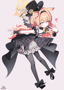 1girl ;d absurdres animal_ear_fluff animal_ears black_bow black_dress black_hairband black_hat black_pantyhose black_shoes black_wrist_cuffs blue_archive blue_eyes blush bow breasts cat_ears cat_girl center_frills choker collarbone commentary_request dress earrings extra_ears eyelashes flower footwear_bow frilled_choker frilled_dress frills full_body grey_dress grin hair_between_eyes hair_intakes hairband halo hand_up hat hat_feather hat_flower heart highres idol idol_clothes jewelry leaning_forward long_hair looking_at_viewer low_twintails mari_(blue_archive) mari_(idol)_(blue_archive) muu3_illust official_alternate_costume official_alternate_hairstyle one_eye_closed open_mouth orange_hair outstretched_arm outstretched_hand pantyhose rose shoes signature simple_background small_breasts smile solo standing top_hat twintails twitter_username two-tone_dress v-shaped_eyebrows very_long_hair white_background wrist_cuffs yellow_flower yellow_halo yellow_rose