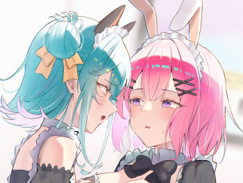 2girls after_kiss amaori_renako animal_ears aqua_hair bare_shoulders black_bow black_bowtie blush bow bowtie breasts cat_ears cleavage detached_collar detached_sleeves eye_contact fang frilled_sleeves frills hair_bun hair_ornament hairclip hashtag-only_commentary highres koyanagi_kaho looking_at_another maid maid_headdress medium_hair multiple_girls parallel_hairclips parted_lips pink_hair purple_eyes rabbit_ears ribbon riiyumy saliva saliva_trail sidelocks skin_fang sweatdrop watashi_ga_koibito_ni_nareru_wake_naijan_murimuri! x_hair_ornament yellow_eyes yellow_ribbon yuri