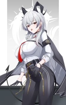 1girl absurdres armband black_armband black_gloves black_horns black_jacket black_pants blush breasts button_gap chinese_commentary commentary_request cowboy_shot curled_horns demon_tail earrings f.trigger gloves grey_background half_gloves hand_on_table high-waist_pants highres horns jacket jacket_on_shoulders jewelry key_earrings large_breasts long_hair looking_at_viewer multicolored_hair necktie open_mouth pants partial_commentary red_eyes red_necktie revision saliva sleeves_rolled_up solo streaked_hair tacet_mark_(wuthering_waves) tail tight_clothes tight_pants tongue tongue_out white_hair wuthering_waves zani_(wuthering_waves)