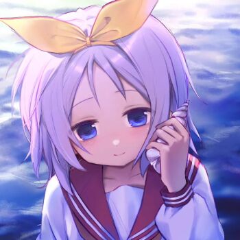 1girl 545s_(user_azfy2553) blue_eyes blush closed_mouth commentary hair_ribbon hairband hand_up hiiragi_tsukasa holding holding_seashell long_sleeves looking_at_viewer lucky_star ocean purple_hair red_sailor_collar ribbon ryouou_school_uniform sailor_collar school_uniform seashell serafuku shell shirt short_hair smile solo upper_body water white_shirt yellow_hairband yellow_ribbon