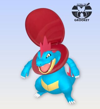 1other alligator animal_focus blue_skin brian_benito97 colored_skin commentary cosplay crocodilian english_commentary feraligatr gen_2_pokemon gradient_background highres mega_feraligatr mohawk nintendo open_mouth outstretched_arms parody pokemon pokemon_(creature) pokemon_focus pokemon_legends:_z-a sharp_teeth skibidi_toilet_(character) skibidi_toilet_(character)_(cosplay) skibidi_toilet_(series) solo teeth toilet toilet_seat watermark yellow_eyes