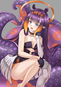 Rule 34 | 1girl, black dress, black gloves, blue eyes, breasts, cleavage, commentary request, dress, fang, gloves, grey background, head rest, highres, hololive, hololive english, long hair, looking at viewer, low wings, mole, mole under eye, ninomae ina'nis, ninomae ina'nis (1st costume), open mouth, orange hair, pointy ears, purple eyes, rorol reime, single thighhigh, skin fang, small breasts, solo, strapless, strapless dress, tentacle hair, tentacles, thighhighs, tube dress, very long hair, virtual youtuber, white thighhighs, wings