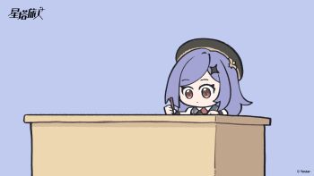 3girls :d ^_^ ahoge amber_(stella_sora) animated animated_gif beret black_hair black_hat black_wrist_cuffs blonde_hair blue_eyes breasts brown_gloves chinese_commentary cloak closed_eyes closed_mouth commentary_request copyright_logo desk disappearance_outline dotted_line double-parted_bangs gloves hair_between_eyes hat head_rest headband highres holding holding_paper holding_pen hood hood_down hooded_cloak iris_(stella_sora) light_blush logo long_hair long_sleeves medium_breasts medium_hair multiple_girls necktie no_mouth noya_(stella_sora) official_art open_mouth paper paper_stack pen purple_background purple_hair red_eyes red_necktie sad second-party_source shirt simple_background smile stella_sora swept_bangs tears white_cloak white_shirt whitydragon wrist_cuffs writing yellow_eyes