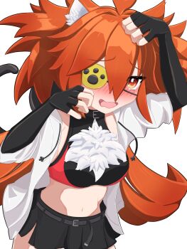 1girl absurdres ahoge animal_ears bare_shoulders black_gloves cat_ears commentary_request crop_top deiku_(day9_fujimiya) eyepatch fingerless_gloves gloves hair_between_eyes hair_ornament highres koleda_belobog long_hair looking_at_viewer navel red_eyes red_hair solo sphere_hair_ornament twintails zenless_zone_zero