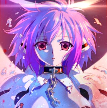 1girl alternate_eye_color angel angel_wings breasts broken broken_chain chain chain_leash collar commentary_request crosshair_pupils dissolving_clothes halo highres ikaros large_breasts leash medium_hair metal_collar official_artist_extra parted_lips pink_hair purple_eyes robot_ears solo sora_no_otoshimono upper_body watanabe_yoshihiro wings