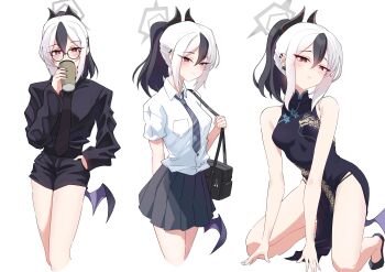 1girl absurdres all_fours arm_at_side armpit_crease bag bare_arms bare_shoulders bat_wings black_hair black_horns black_panties black_shirt black_shoes blue_archive blush breast_pocket breasts china_dress chinese_clothes coffee commentary cosplay cup disposable_coffee_cup disposable_cup dragon_print dress dress_shirt drink drinking earbuds earphones earrings expressionless glasses grey_halo hair_between_eyes hair_over_shoulder halo hand_in_pocket hands_on_floor highres hikkio holding holding_drink horns jewelry kayoko_(blue_archive) kisaki_(blue_archive) kisaki_(blue_archive)_(cosplay) kneeling long_sleeves looking_at_viewer loose_necktie low_wings multicolored_hair multiple_views nail_polish necktie office_lady panties pelvic_curtain pocket ponytail red_eyes round_eyewear shirt shoes short_hair short_shorts shorts shoulder_bag skirt small_breasts standing streaked_hair thighs underwear white_hair wings