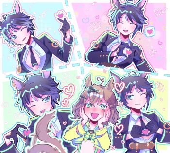2girls ;d ahoge animal_ears bandeau black_hair black_necktie blue_eyes blush braid breasts brown_hair center_frills cleavage closed_eyes closed_mouth collarbone commentary_request cropped_jacket crossed_bangs ear_ornament ear_piercing fang finger_heart flat_chest four-finger_heart_hands frilled_shirt frills fuji_kiseki_(umamusume) gloves hair_between_eyes hair_ornament hairclip half_up_braid hands_on_own_cheeks hands_on_own_face heart heart_ahoge heart_hands horse_ears horse_girl horse_tail jacket jewelry jungle_pocket_(umamusume) long_sleeves looking_at_viewer medium_breasts medium_hair midriff multicolored_hair multiple_girls necktie nose_blush notched_ear one_eye_closed onion099 open_clothes open_jacket open_mouth piercing shirt short_hair sidelocks smile spoken_heart standing suspenders tail tail_wagging umamusume underbust upper_body white_hair yellow_eyes yellow_jacket