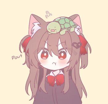 1girl animal animal_ears animal_on_head black_cardigan blush bow bowtie bright_pupils broken_heart broken_heart_hair_ornament brown_hair cardigan cat_ears chatte46899 commentary english_commentary evil_neuro-sama flat_color flying_sweatdrops hair_between_eyes hair_ornament hair_ribbon heart long_hair long_sleeves looking_at_viewer neuro-sama on_head pout red_bow red_eyes red_ribbon ribbon shirt simple_background solo_focus turtle two_side_up upper_body vedal987 vedal_ai virtual_youtuber white_pupils yellow_background