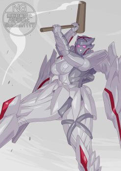 Rule 34 | 1girl, absurdres, blush, breasts, colored skin, giant, hammer, highres, looking down, mechanical wings, no.1 sentai gozyuger, otokamu, queen tegajune, robot, robot girl, super sentai, tegajune, tokusatsu, white skin, wings, yandere