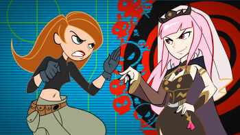 2girls abstract_background absurdres armlet belt belt_pouch black_cape black_dress black_nails black_shirt black_tiara black_wrist_cuffs blue_background breasts brown_belt brown_sleeves buttons cape clenched_hand clenched_teeth close-quarters_combat detached_sleeves double-breasted dress furrowed_brow gloves gold_armlet green_eyes green_pants grey_gloves hand_on_own_hip highres hololive hololive_english khaki_pants kim_possible kim_possible_(series) long_hair looking_at_another medium_breasts midriff mori_calliope mori_calliope_(1st_costume) multiple_girls navel official_style orange_hair pants pink_eyes pink_hair pink_lips portal_(object) pouch red_lips shirt sidelocks sleeveless sleeveless_dress small_breasts spiked_cape stephen_silver_(style) teeth three-quarter_sleeves tiara toon_(style) triple-q turtleneck turtleneck_shirt v-shaped_eyebrows veil virtual_youtuber wrist_cuffs