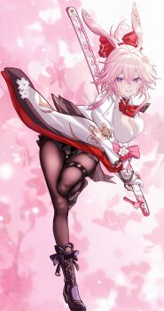 1girl animal_ears asymmetrical_gloves back_bow black_boots black_bow black_gloves black_panties black_skirt blush boots bow bowtie breasts brown_pantyhose cherry_blossoms cherry_hair_ornament cleavage collared_shirt commentary_request criss-cross_straps evanescia_(honkai:_star_rail) floating_clothes floating_hair floral_background floral_print flower food-themed_hair_ornament footwear_bow fox_ears fox_girl full_body gloves hair_between_eyes hair_bow hair_flower hair_ornament highres holding honkai:_star_rail honkai_(series) jacket large_bow large_breasts long_sleeves looking_at_viewer measuring_stick miniskirt mismatched_gloves open_clothes open_jacket panties pantyhose pantyshot partially_fingerless_gloves pink_bow pink_flower pink_hair pleated_skirt purple_eyes red_bow red_bowtie saint_laurent_paris shirt short_hair sidelocks skirt smile solo standing standing_on_one_leg teeth thick_thighs thigh_strap thighs topknot underwear white_gloves white_jacket white_panties white_shirt wide_sleeves