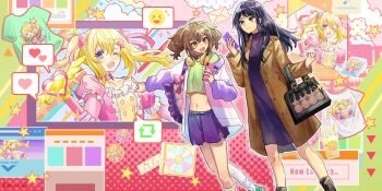 2girls abstract_background ahoge bag black_hair black_sweater blonde_hair blue_choker blue_eyes brown_coat brown_hair cd cellphone character_request choker closed_mouth coat collarbone commentary_request copyright_request crop_top cropped_shirt double-parted_bangs dress feet_out_of_frame frilled_dress frills green_shirt hair_ornament hair_ribbon handbag heart highres holding holding_phone kneehighs long_hair long_sleeves medium_hair midriff multiple_girls navel okurasato one_eye_closed open_clothes open_coat open_mouth parted_bangs phone pink_choker pink_ribbon purple_coat purple_shorts ribbon shirt shorts smartphone socks speech_bubble split_mouth spoken_expression spoken_heart straight_hair sweater sweater_dress t-shirt torn_clothes torn_shorts turtleneck turtleneck_sweater twintails two-tone_dress unworn_shirt walking white_socks window_(computing) x_hair_ornament yellow_eyes