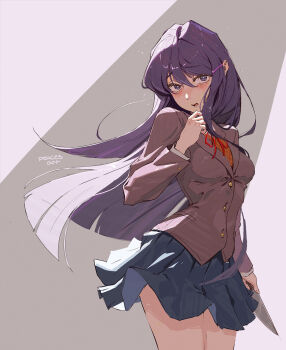 Rule 34 | arm up, artist name, blush, breasts, doki doki literature club, floating clothes, floating hair, hair between eyes, hand on own chin, highres, holding, holding knife, knife, long hair, medium breasts, peaceablecolt, pleated skirt, purple eyes, purple hair, school uniform, signature, simple background, skirt, small breasts, yuri (doki doki literature club)