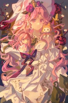 Rule 34 | 2girls, absurdres, ahoge, animal, animal on shoulder, bloom poetry (shining nikki), bow, bowtie, brown eyes, bug, butterfly, cat, chibi, cloak, closed mouth, clothed animal, cross-laced clothes, cross-laced dress, dress, dress ribbon, dual persona, ear covers, earrings, floral background, floral print, flower, flower earrings, frilled headwear, frilled sleeves, frills, gold necklace, grey background, hair flower, hair ornament, hat, highres, hood, hood up, hooded cloak, infinity nikki, insect, jewelry, layered sleeves, leaf, lk luke, long dress, long hair, long sleeves, looking to the side, mini person, minigirl, momo (nikki), multiple girls, necklace, nikki (nikki), nikki (series), off-shoulder dress, off shoulder, official alternate color, open mouth, parted bangs, pinafore dress, pink dress, pink eyes, pink flower, pink hair, pink rose, plaid clothes, plaid dress, print dress, rainfall &amp; blossoms (infinity nikki), red bow, red bowtie, red ribbon, ribbon, rose, shining nikki, shirt, short over long sleeves, short sleeves, sidelocks, sleeveless, sleeveless dress, smile, traditional bowtie, very long hair, wavy hair, white cat, white dress, white hat, white shirt, witch, witch hat, yellow butterfly, yellow cloak