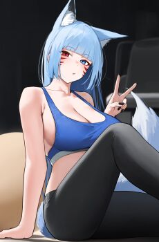 1girl absurdres animal_ear_fluff animal_ears arm_support armpit_crease ayasato_ringo_(jae-kun) black_leggings black_nails blue_hair blue_sports_bra blunt_bangs borrowed_character breasts cleavage collarbone commentary extra_ears facial_mark feet_out_of_frame fingernails fox_ears fox_girl fox_tail head_tilt heterochromia highres knee_up large_breasts leggings long_hair looking_at_viewer mizoshi-x nail_polish original sideboob sitting solo sports_bra straight_hair tail very_long_hair whisker_markings