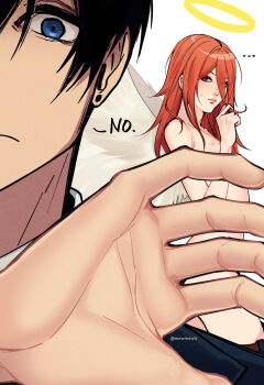 ... absurdres androgynous angel_devil_(chainsaw_man) black_hair blue_eyes blush chainsaw_man clothed_male_nude_male clothes_pull earrings english_text hair_between_eyes hayakawa_aki highres jewelry lips long_hair mewmewti nipples nude palms pants pants_pull red_eyes short_hair simple_background twitter_username white_background yaoi