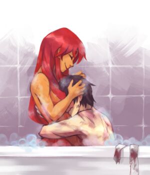 1boy 1girl bandages bath bathroom bathtub black_hair blood blood_stain bubble_bath colored_skin couple dc_comics dick_grayson hair_over_breasts hug mixed-sex_bathing nude orange_skin red_hair shared_bathing smile starfire teen_titans yassui