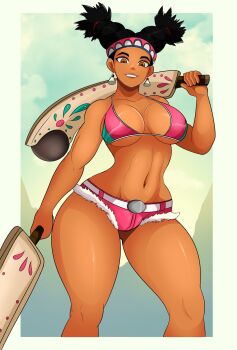 Rule 34 | 1girl, ass, bikini, bikini top only, black hair, blue sky, breasts, brown eyes, capcom, curvy, dark skin, denim, denim shorts, earrings, forehead, headband, highres, jewelry, large breasts, lily hawk, navel, shiny skin, shorts, sideboob, sky, smile, sonson-sensei, street fighter, street fighter 6, swimsuit, thick thighs, thighs, toned, toned female, toned stomach, twintails, underboob, weapon, wide hips