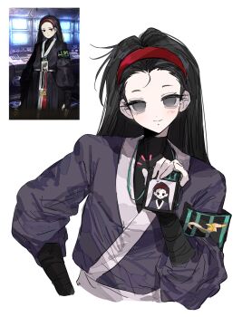 1girl aeng-du_(project_moon) anzekeye armband black_shirt blue_coat blush closed_mouth coat commentary english_commentary grey_eyes hairband highres id_card limbus_company long_sleeves looking_at_viewer project_moon puffy_long_sleeves puffy_sleeves red_hairband shirt simple_background smile solo spoilers white_background