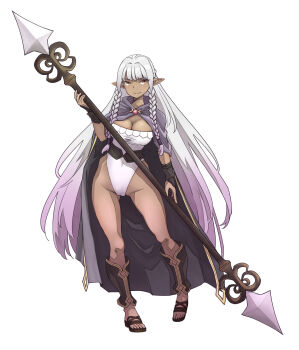 1girl absurdres braid breasts brown_sandals cameltoe cleavage cloak closed_mouth covered_navel dark-skinned_female dark_elf dark_skin elf full_body gradient_hair grey_hair hair_intakes highleg highleg_leotard highres hip_bones holding holding_staff leotard long_hair medium_breasts multicolored_hair pointy_ears purple_cloak purple_hair rosalinde_(unicorn_overlord) sandals side_braids simple_background smile solo staff strapless strapless_leotard two-tone_hair unicorn_overlord user_vudk5253 very_long_hair white_background white_leotard yellow_eyes