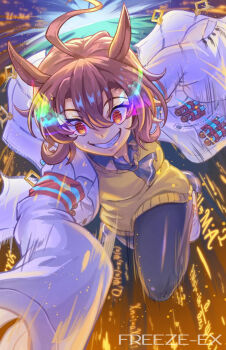 1girl agnes_tachyon_(tach-nology)_(umamusume) agnes_tachyon_(umamusume) ahoge animal_ears black_necktie black_pantyhose breasts brown_hair coat cork e=mc2_(equation) equation eye_trail freeze-ex grin hair_between_eyes highres horse_ears horse_girl huge_ahoge jewelry lab_coat light_trail long_sleeves necktie open_mouth pantyhose red_eyes running shirt short_hair short_necktie sleeves_past_fingers sleeves_past_wrists smile solo sweat sweater sweater_vest teeth test_tube umamusume white_coat wolf_cut yellow_sweater yellow_sweater_vest