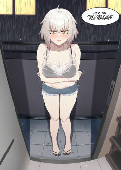 1girl absurdres ahoge bare_shoulders black_bra black_nails blue_shorts blush bra breasts camisole cleavage denim denim_shorts english_text fate/grand_order fate_(series) full_body grey_hair highres hyperbudd jeanne_d'arc_alter_(fate) large_breasts looking_at_viewer nail_polish navel open_mouth rain sandals see-through_clothes see-through_shirt shirt short_shorts shorts solo speech_bubble toenail_polish toenails toes underwear wet white_camisole yellow_eyes