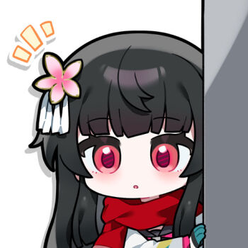 Rule 34 | 1girl, artist request, black hair, chibi, chibi only, girls' frontline, girls' frontline 2: exilium, hair ornament, looking at viewer, lowres, notice lines, official art, parted lips, red eyes, red scarf, sakura (girls' frontline 2), scarf, second-party source, solo, type 100 (girls' frontline)