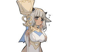 1girl alt_text animal_ears ash_(fire_emblem) breasts commentary cow_ears cow_girl english_commentary fire_emblem fire_emblem_heroes grey_hair holding holding_staff horns large_breasts momimomibun nintendo simple_background solo staff white_background