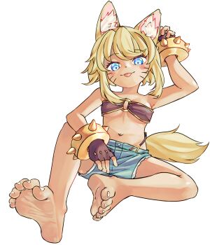 1girl alternate_hairstyle animal_ear_fluff animal_ears barefoot belt_bra blonde_hair blue_eyes bracelet breasts brown_gloves chaosexceed closed_mouth denim denim_shorts facial_mark feet fingerless_gloves full_body gloves highres light_blush liru looking_at_viewer medium_breasts medium_hair navel o-ring o-ring_top renkin_san-kyuu_magical_pokaan shorts simple_background sitting smile soles solo studded_bracelet tail tan toenails toes tongue tongue_out whisker_markings white_background wolf_ears wolf_girl wolf_tail yellow_tail
