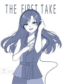 1girl blue_theme brown_eyes cowboy_shot fingernails hand_up headphones highres idolmaster idolmaster_(classic) jewelry kisaragi_chihaya long_hair looking_at_viewer monochrome necklace open_mouth simple_background sleeveless smile solo the_first_take watermark white_background yuki_10825