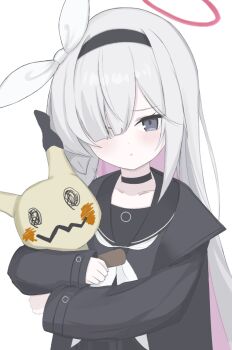 Rule 34 | 1girl, black choker, black eyes, black hairband, blue archive, choker, colored inner hair, commentary request, gen 7 pokemon, hair over one eye, hairband, halo, long hair, looking at viewer, mimikyu, multicolored hair, nintendo, pink hair, plana (blue archive), pokemon, pokemon (creature), red halo, si shirono, white hair