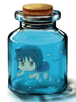 1girl 3d :3 :t animal_ears aq_interactive arcana_heart atlus bad_id bad_pixiv_id black_hair bottle bottle_meme_(pixiv) cat_ears cork daidouji_kira examu female_focus glass hayake hayake_(chenran) in_bottle in_container one-piece_swimsuit short_hair solo swimming swimsuit third-party_edit underwater water what yellow_eyes