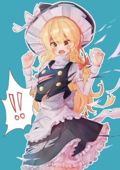 !? 1girl apron black_hat black_skirt black_vest blonde_hair bloomers blush bow braid commentary_request frilled_skirt frills hair_bow hat hat_bow highres kirisame_marisa long_hair long_sleeves open_mouth outline red_bow side_braid single_braid skirt solo spoken_interrobang taguno torn_apron torn_clothes torn_skirt torn_vest touhou underwear very_long_hair vest white_bloomers white_bow white_outline witch_hat yellow_eyes