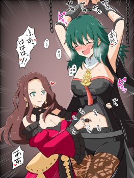 2girls dorothea_arnault female_byleth_(fire_emblem) femdom fire_emblem fire_emblem:_three_houses highres multiple_girls nintendo restrained stardustseven21 tagme tickling translation_request