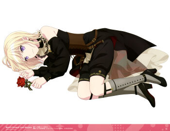 1girl absurdres anime_coloring artist_request bang_dream! bang_dream!_it's_mygo!!!!! bare_shoulders black_dress black_shorts block_heels blonde_hair brooch brown_corset closed_mouth copyright_name copyright_notice corset doloris_(bang_dream!) dress earrings fetal_position flower full_body grey_socks high-low_dress high_heels highres holding holding_flower jewelry kneehighs long_sleeves looking_at_viewer lying magazine_scan medium_hair megami_magazine megami_magazine_deluxe misumi_uika no_mask off-shoulder_dress off_shoulder official_art on_side purple_eyes red_flower red_rose rose scan shorts shorts_under_dress simple_background socks solo strappy_heels white_background