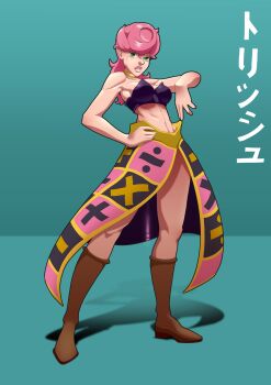 1girl arm_up black_bra blue_background boots bra brown_boots commentary english_commentary front_slit green_eyes hand_on_own_hip highres jewelry jojo_no_kimyou_na_bouken looking_at_viewer math necklace pink_hair pompadour shadow skirt solo trish_una underwear viper_1390