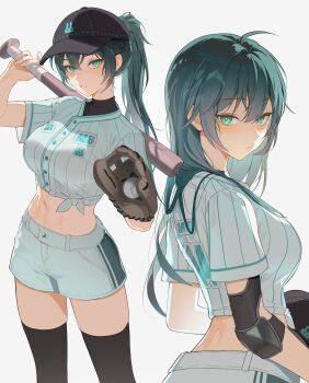 1girl absurdres ball baseball_(object) baseball_bat baseball_cap baseball_glove baseball_uniform black_thighhighs blush breasts closed_mouth green_eyes green_hair hat highres holding holding_baseball_bat large_breasts long_hair looking_at_viewer looking_back multiple_views myabit original parted_lips ponytail short_shorts short_sleeves shorts simple_background sportswear standing thighhighs white_background white_shorts