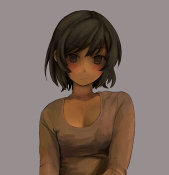 1girl :/ arms_at_sides blush bob_cut breasts brown_eyes brown_hair brown_shirt cleavage collarbone dark-skinned_female dark_skin expressionless grey_background hunie_(series) huniepop lailani_kealoha looking_at_viewer medium_breasts scoop_neck shaded_face shirt short_hair simple_background solo unfinished upper_body zoolpal