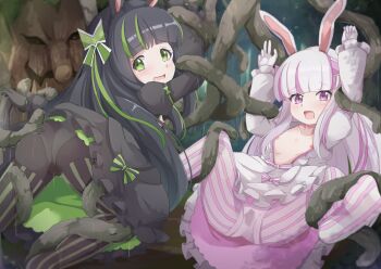 2girls animal_ears arms_up black_dress black_gloves black_hair black_pantyhose black_thighhighs blush clothes_lift crying crying_with_eyes_open dress dress_lift fake_animal_ears feet_out_of_frame female_focus flat_chest frilled_dress frills from_behind gloves green_dress green_eyes green_hair green_ribbon green_thighhighs hair_ribbon highres imminent_penetration imminent_rape itai_no_wa_iya_nano_de_bougyoryoku_ni_kyokufuri_shitai_to_omoimasu knees_up loli long_hair long_sleeves looking_back looking_down may_(bofuri) multicolored_hair multiple_girls nipples nyxerebos open_clothes open_dress open_mouth panties panties_under_pantyhose pantyhose pink_dress pink_eyes pink_hair pink_ribbon pink_thighhighs pussy pussy_juice pussy_peek rabbit_ears restrained ribbon scared screaming siblings sidelocks sisters spread_legs striped_clothes striped_thighhighs suspension tears tentacles thighhighs thighhighs_over_pantyhose twins two-tone_dress two-tone_hair two-tone_thighhighs underwear vertical_stripes white_dress white_gloves white_hair white_pantyhose white_thighhighs yui_(bofuri)