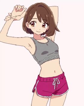 1girl animated armpits arms_up bare_shoulders blush bouncing_breasts bra breasts brown_eyes brown_hair closed_mouth commentary_request dolphin_shorts fujichamo gloria_(pokemon) grey_bra highres navel nintendo pink_shorts pokemon pokemon_sword_and_shield short_hair shorts small_breasts smile sports_bra standing stretching tagme underwear video