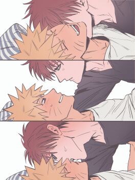 2boys black_shirt blonde_hair blue_eyes blush facial_mark gaara_(naruto) grin highres imminent_kiss kiss kissing_neck male_focus multiple_boys naruto_(series) nnnhhhhh19 no_eyebrows open_mouth red_hair scar scar_on_face scar_on_forehead shirt short_hair smile spiked_hair sweatdrop teeth upper_body uzumaki_naruto whisker_markings white_shirt yaoi