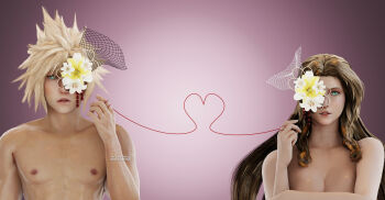 1boy 1girl 3d absurdres aerith_gainsborough aqua_eyes artist_name blonde_hair breasts brown_hair cleavage cloud_strife final_fantasy final_fantasy_vii final_fantasy_vii_remake flower flower_over_eye green_eyes hair_down hand_up highres long_hair looking_at_viewer medium_breasts nude parted_bangs parted_lips red_string_of_fate short_hair sidelocks solarasona spiked_hair square_enix topless_female upper_body wavy_hair