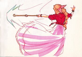 aerith_gainsborough bangle bracelet braid braided_ponytail brown_hair cropped_jacket dress facing_away fighting_stance final_fantasy final_fantasy_vii final_fantasy_vii_remake hair_ribbon holding holding_staff jacket jewelry long_dress long_hair okha outstretched_arm pink_dress pink_ribbon red_jacket ribbon sidelocks single_braid sketch staff traditional_media white_background