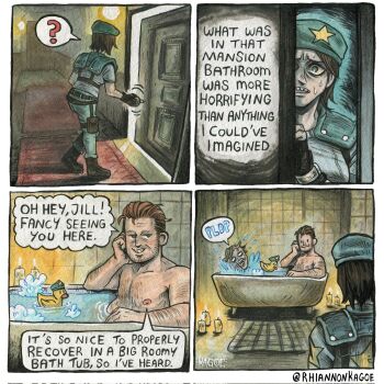 1boy 1girl ? artist_name barry_burton bathtub beret blue_hat blue_shirt brown_hair candle commentary door english_commentary hat highres in_bathtub jill_valentine resident_evil resident_evil_1 rhiannon_kagoe rubber_duck shirt shoulder_pads zombie