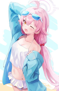 1girl absurdres ahoge arm_behind_head arm_up bikini blue_archive blue_jacket breasts cleavage drawstring fang frilled_bikini frills hair_bobbles hair_flaps hair_ornament hair_tie halo halterneck hand_up highres hood hooded_jacket hoshino_(blue_archive) hoshino_(swimsuit)_(blue_archive) jacket long_hair long_sleeves looking_at_viewer looking_to_the_side low_ponytail nanashinayuzu_mochi navel off_shoulder one_eye_closed open_clothes open_jacket open_mouth pink_hair ponytail skin_fang sleeves_past_wrists small_breasts solo sunglasses swimsuit tearing_up thighs u22yume very_long_hair white_swimsuit yawning yellow_eyes