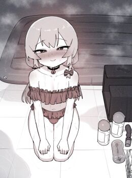 1boy artificial_vagina bell bikini bikini_skirt blush bow braid bulge choker closed_mouth frilled_bikini frilled_skirt frills hair_bow half-closed_eyes highres ikr_(artist) long_hair looking_at_viewer lotion_bottle lube male_focus navel neck_bell off-shoulder_bikini off_shoulder on_floor seiza sex_toy sitting skirt smile solo swimsuit tile_floor tiles tongkkangi tongkkangi_(streamer) trap virtual_youtuber