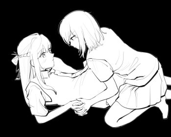 2girls black_background blush braid closed_mouth greyscale half_up_braid highres long_hair looking_at_another medium_hair mim120809 miyagi_shiori monochrome multiple_girls sendai_hazuki short_sleeves shuuniichido_classmate_wo_kau_hanashi sidelocks simple_background straddling sweater_vest yuri